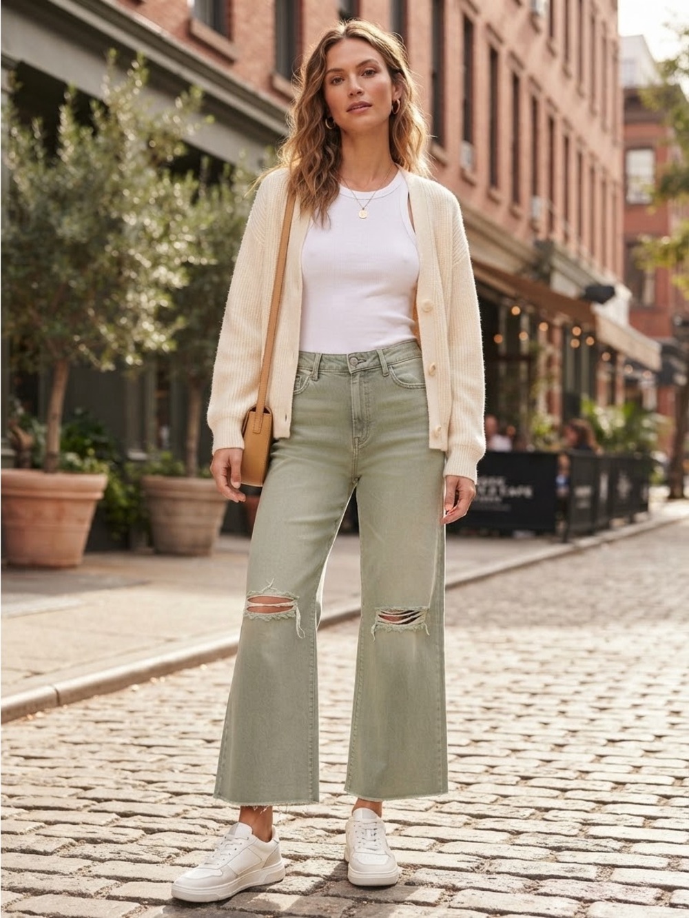 VERVET Los Angeles Sage Green Distressed Wide Leg Crop Jeans Sz 28 V2738